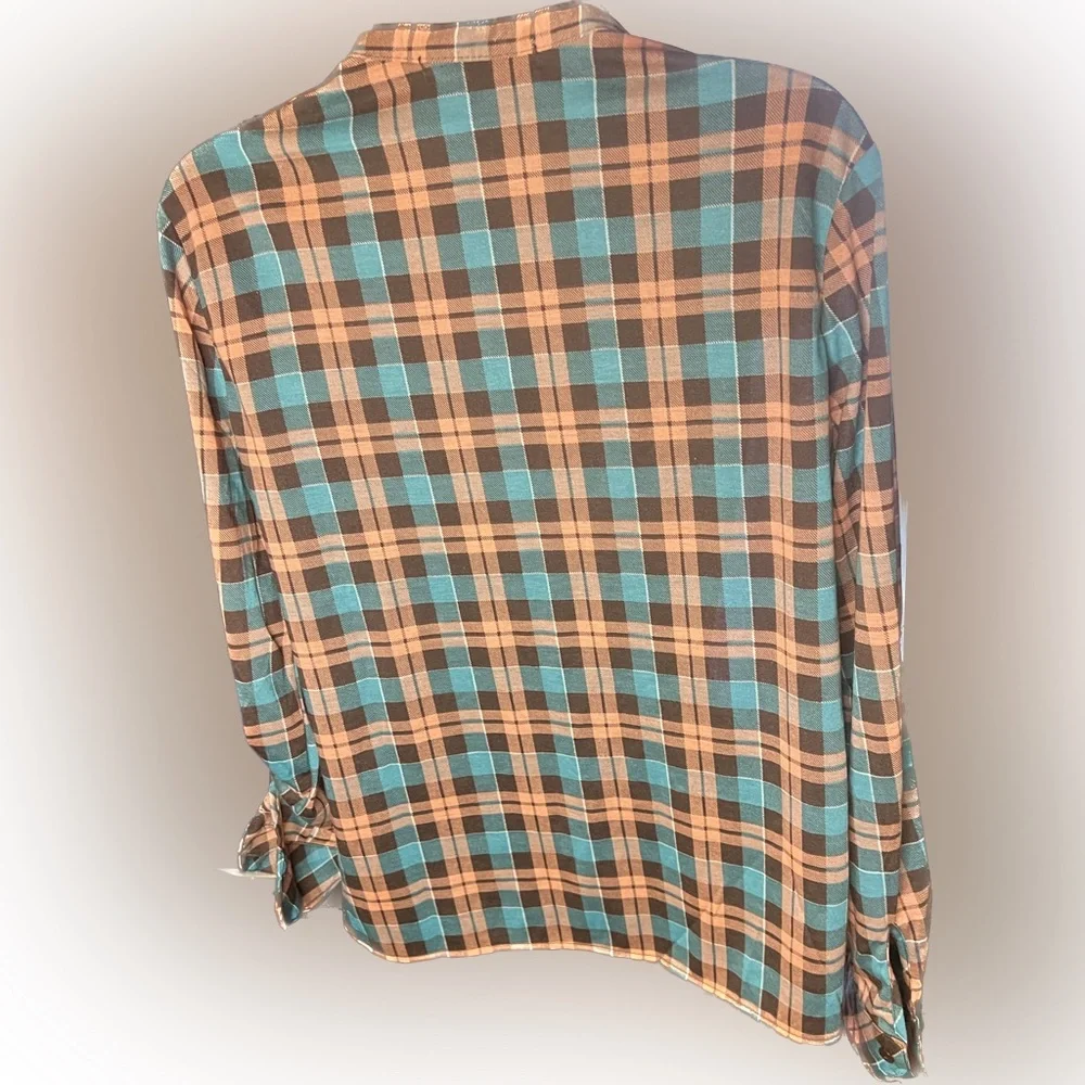Always Indigo L.A. NWT women’s top blouse Size M Orange and turquoise checkered - Picture 2 of 12